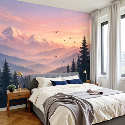 Papier peint adhésif pour enfants, paysage de montagne, paysage de forêt de pin, silhouettes d'oiseaux, papier peint amovible en PVC, H 100 po x l 144 po
