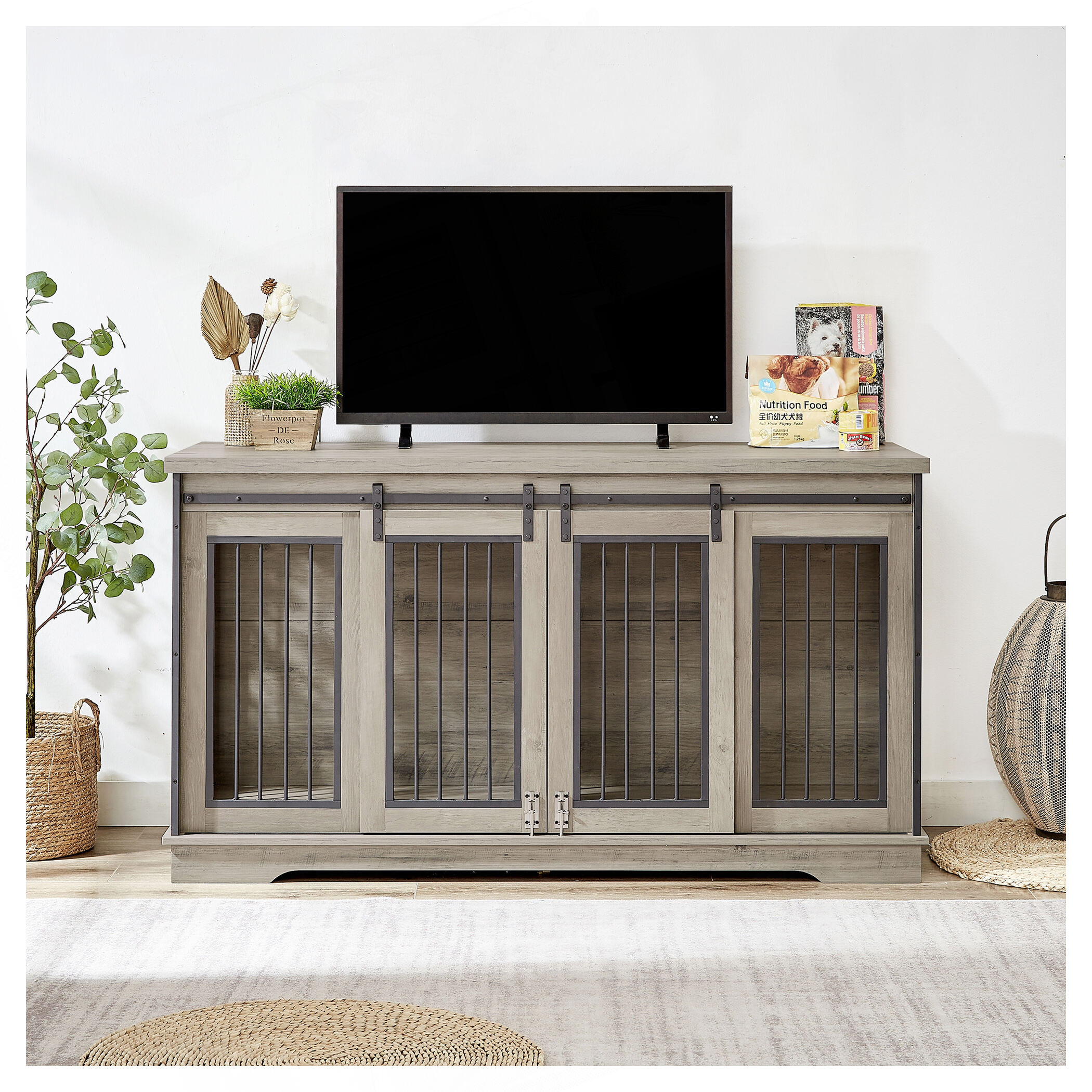 17 Stories Très grand meuble télé avec cage pour chien, table de bout ...