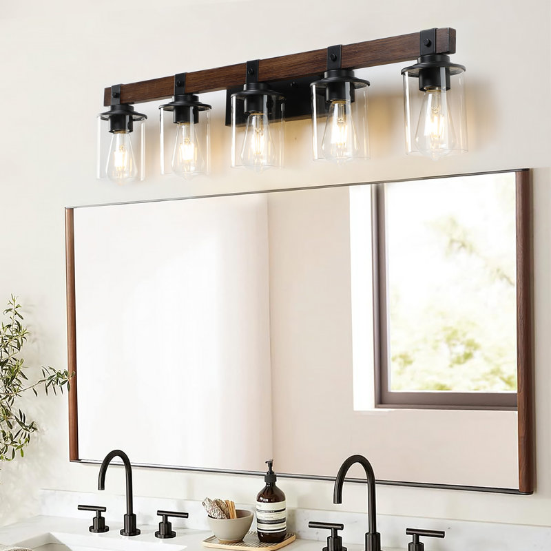 Dimmable Vanity Light with Walnut Bath Bar, 5 Lights