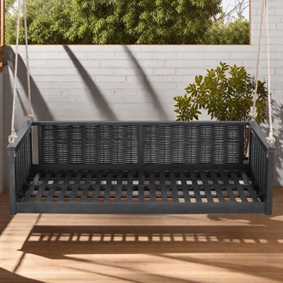 Outdoor Twin Size Swing Bed with Solid Wood Frame, Woven Rattan Panels and Hanging Ropes