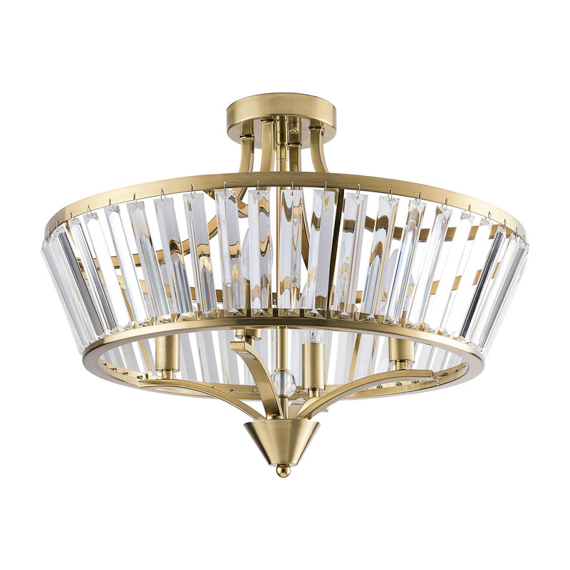 20''-4 Lights Brushed Brass Modern Metal And Crystal Semi Flush Mount Lighting For Living Room/Bedroom, Brushed Brass