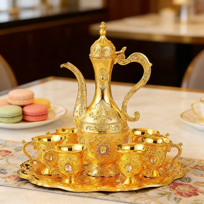 Service à thé et à café turc rétro avec plateau - 6 tasses et pot pour la décoration, le divertissement et la présentation