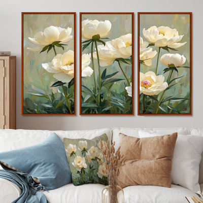 Été pivoines dans le jardin d'herbes aromatiques - Grand art mural pivoines - 3 panneaux