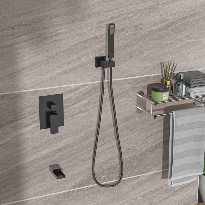 Wall Mounted Shower Arrangement With Waterfall Tub Spout - Oil Rubber Bronze 3 Function Rainfall & Handheld Valve Easy Installation And Cleanliness Protocol Attachment 10 Inch Square Head -Balanced