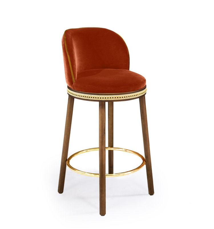 Alma Upholstered Stool with Solid Wood Frame, Fire, Counter Stool (27" Seat Height), Polished Brass