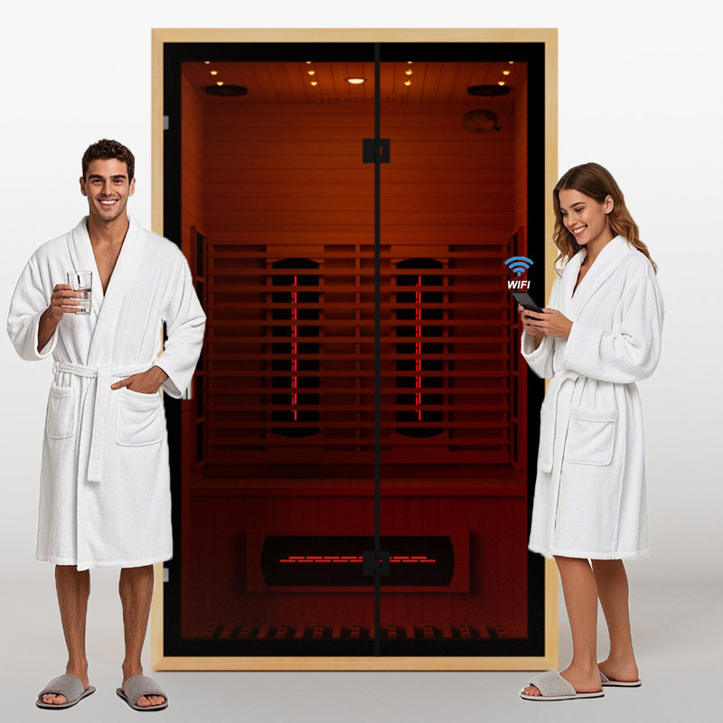 Hylivesaunas Full Spectrum Infrared Sauna for 2 Person, Upgraded WiFi Control Indoor Red Light Therapy Canadian Hemlock Wood Home Spa Saunas, Speaker, Oxygen bar, Reading & 7-Color Light, 1750 W, 110V US Instock
