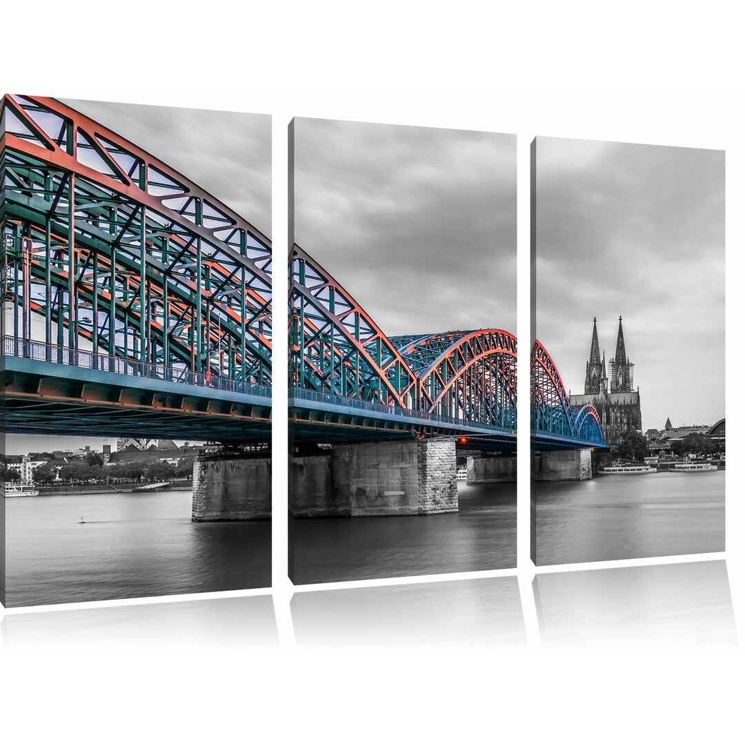 3-tlg. Leinwandbilder-Set „Schöne Hohenzollernbrücke mit Kölner Dom“, Fotodruck 