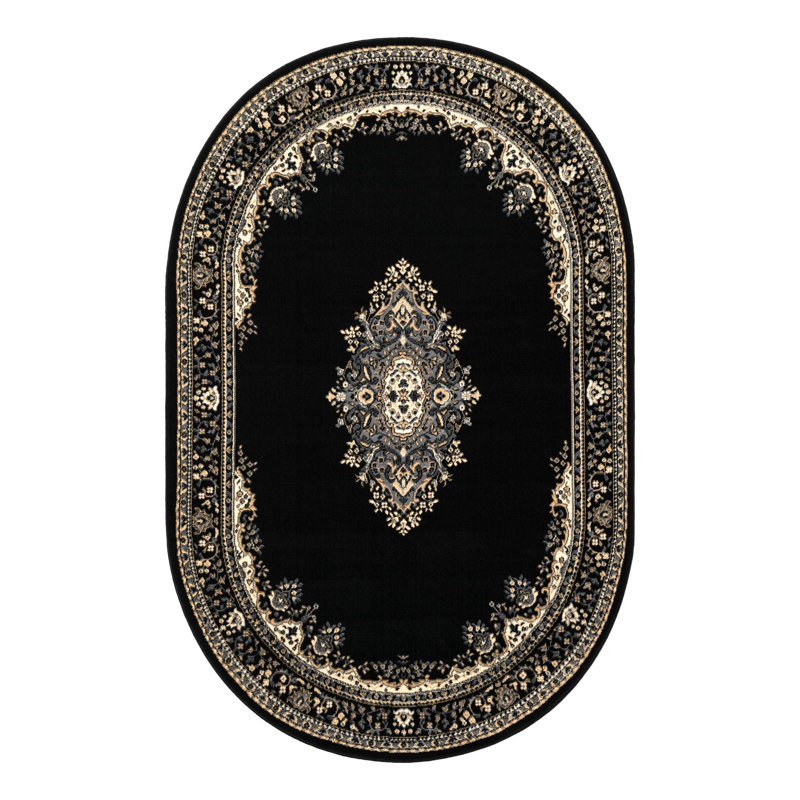 Balthrop Oriental Black Area Rug, Oval 5'3" x 8', Black