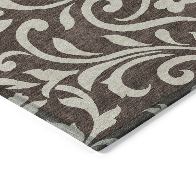 3' X 5' Chocolate And Ivory Floral Washable Indoor Outdoor Area Rug