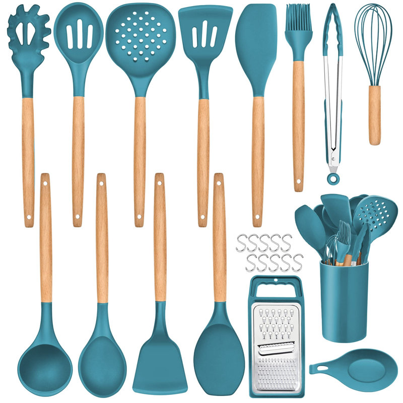 Kitchen Utensils Set,  25 Pieces Soft Silicone Cooking Utensil Set With Holder, Natural Wooden Handle Kitchen Spatula Spoon For Cooking Baking, Non Stick & Heat Resistant,