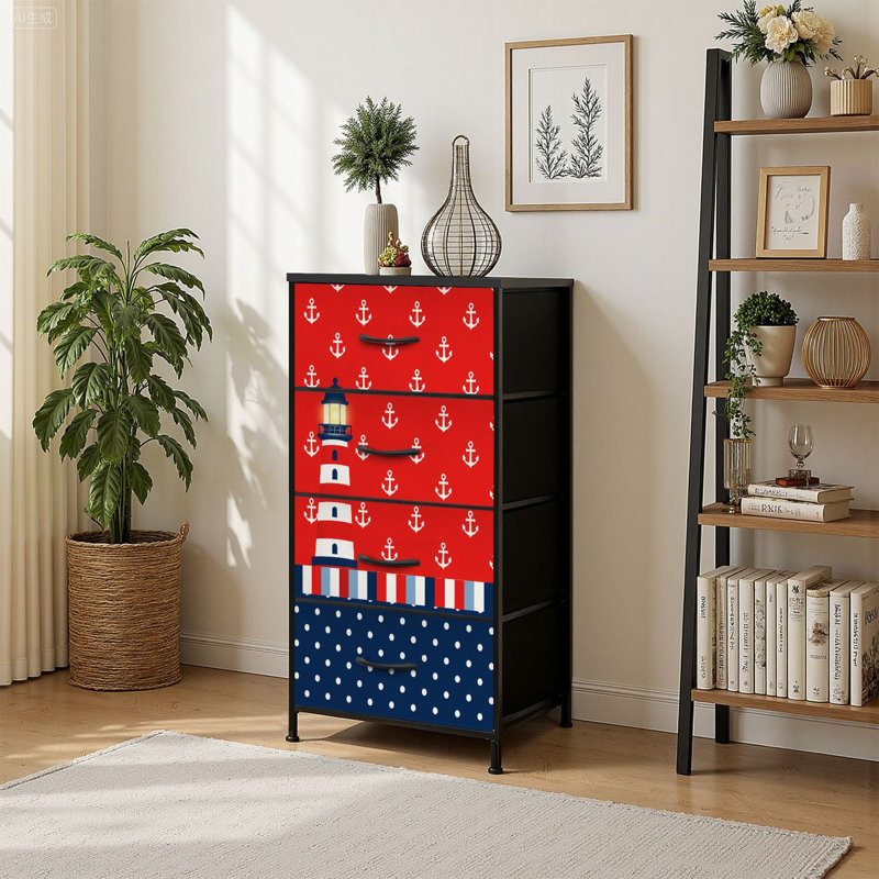 Commode 4 tiroirs avec rangement vertical et motif de pois à ancre rouge marine