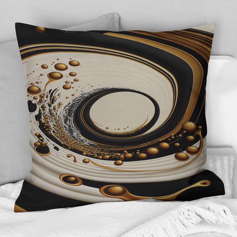 Coussin décoratif noir, argent et or mélangeant tourbillons IV - spirales abstraites