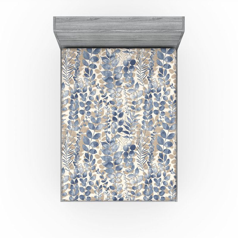 Drap-housse Ambesonne, Bleu ciel foncé / motif floral brun, Drap-housse très grand californien