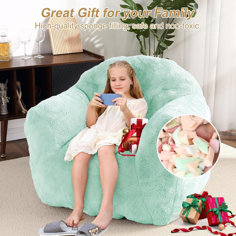 Comfy Bean Bag Chair with Back Support, Plush Floor Sofa for Living Room, Bedroom, Apartment, Teal Faux Fur