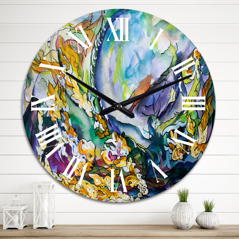 Abstracti explosion de jaune, bleu et vert - horloge murale moderne, Moyen