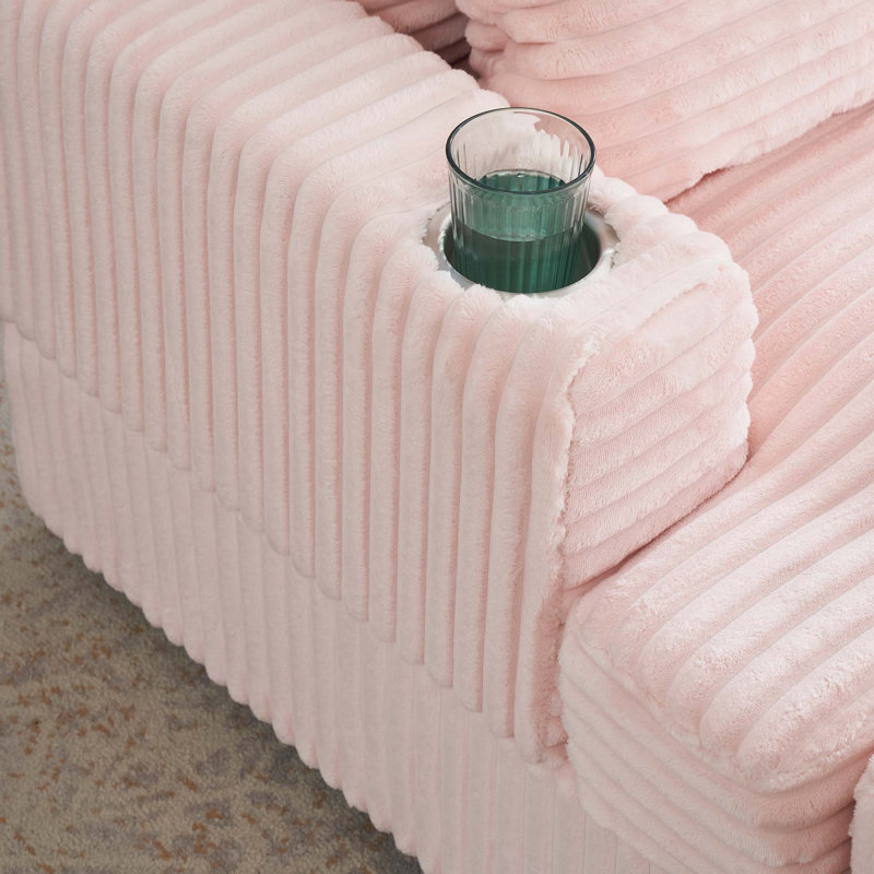 Comfortable Spring Armchair and Ottoman Set with Cup Holder and Corduroy, Pink