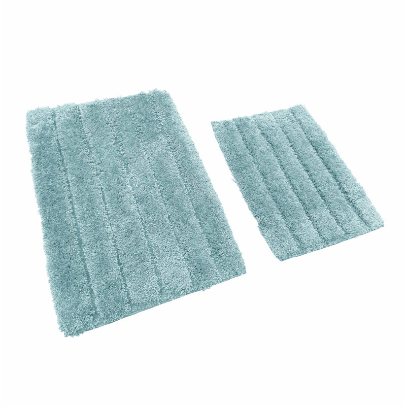 2 Piece Bath Mat Set - Ivory Solid Striped Bathroom Mat Soft Plush Thick, Bleu