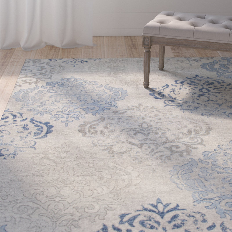 Tapis gris clair / bleu en laine Thora, Rectangle 10 pi x 13 pi