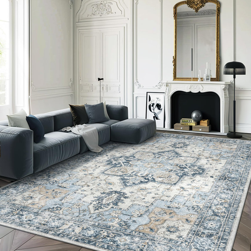 Opulent Diamond Floral Machine Washable Blue / Ivory Area Rug, Rectangle 80 x 150cm