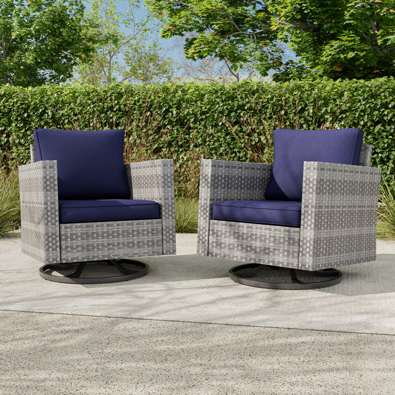 PE Wicker Patio Swivel Chair(Set of 2), Navy Gray Cushion/Gray Frame