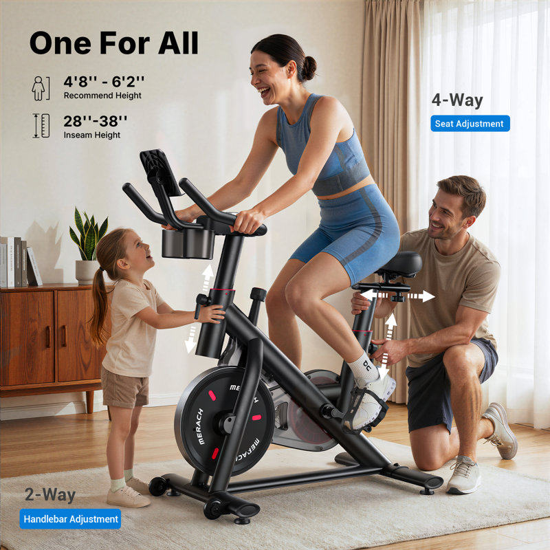 Vélo stationnaire MERACH, capacité de 330 lb, entraînement par courroie silencieuse avec siège confortable et application
