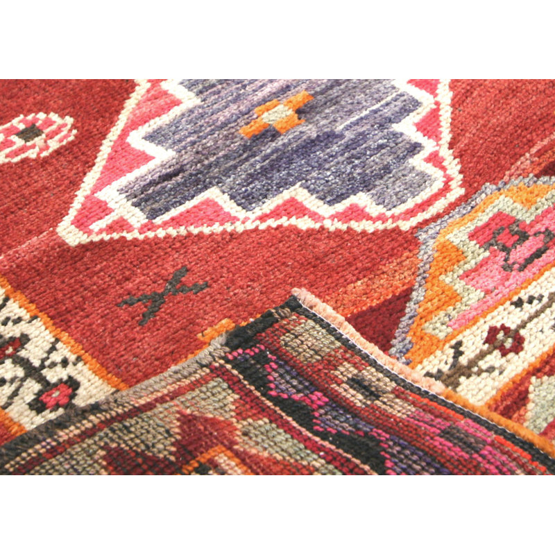 Tapis de couloir unique en laine noué à la main de style années 1960 de 2 pi 10 po x 11 pi 11 po en rouge / orange / crème