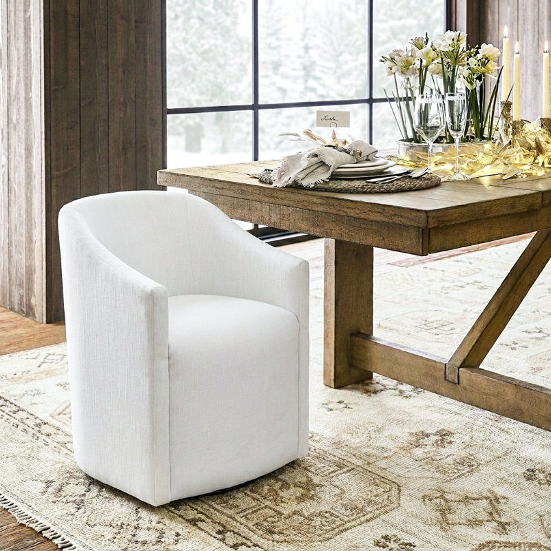 25" Wide Modern No Assembly Linen Barrel Back Upholstered Dining Armchair with Interchangeable Casters & Fixed Feet, Ivory
