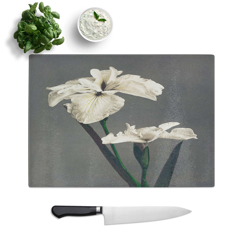 Tempered Glass White Iris Flower by Kazumasa Ogawa Chopping Board, 39 cm W x 28.5 cm L