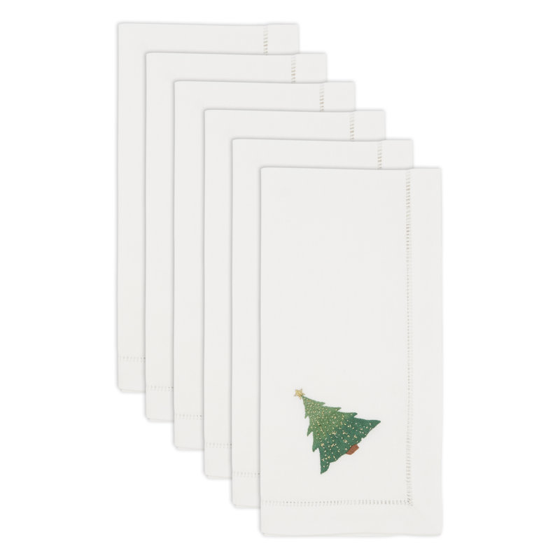 Whimsical Christmas Tree Embroidered White Cotton Napkins, Set of 6
