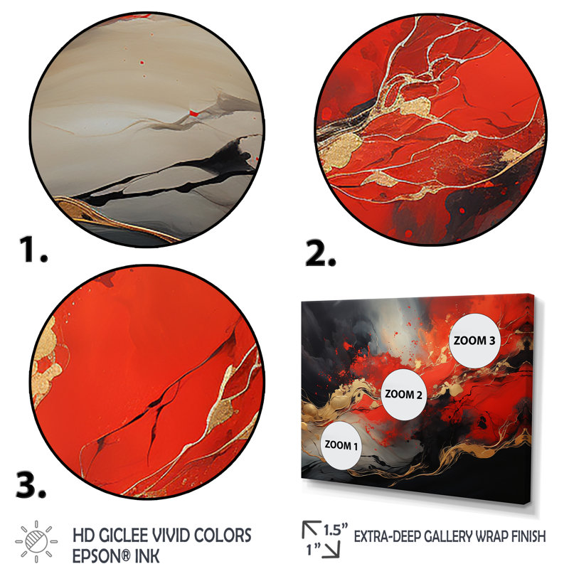 Volcan rouge et doré I - art mural abstrait, H 12 po x l 20 po x P 1 po, Cadre flottant noir