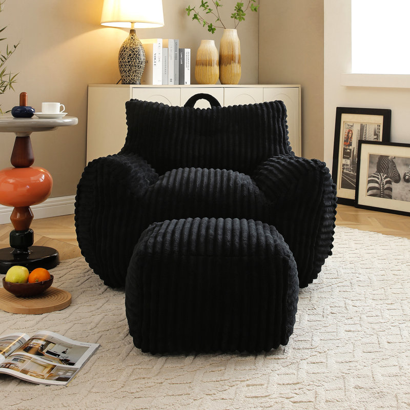 Fauteuil à billes noir confortable avec repose-pieds pour la détente multi-pièces, mousse déchiquetée, velours côtelé, repose-pieds de conception moderne, salon, chambre à coucher et dortoir appropriés, rembourrage en mousse, ergonomique