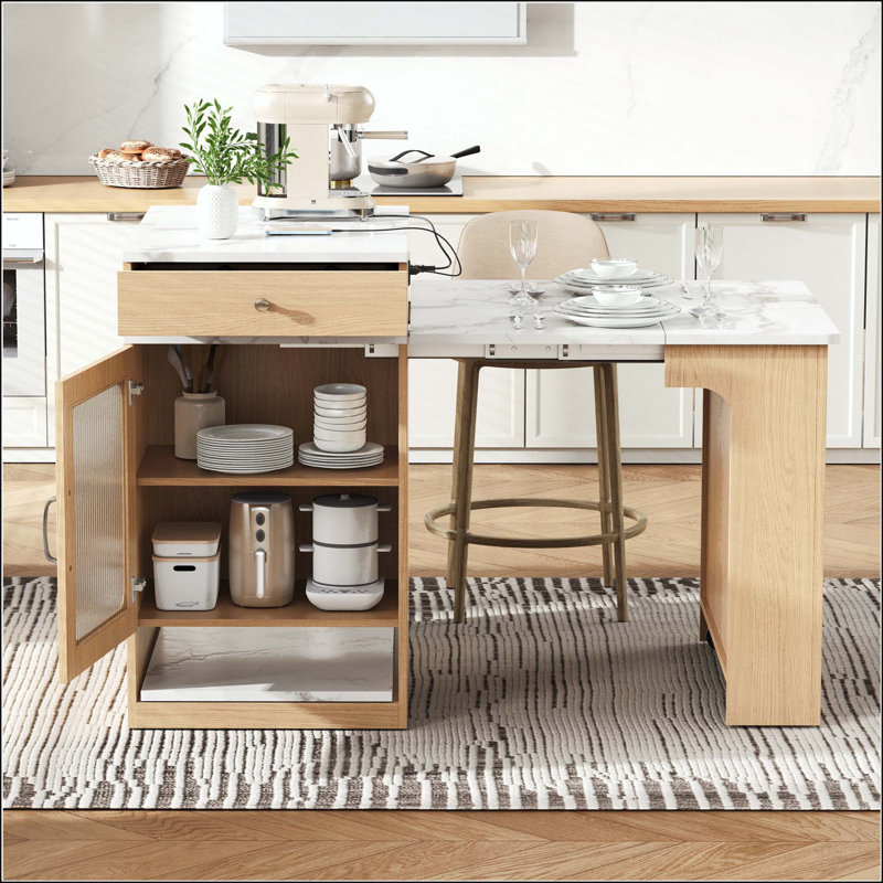 Îlot de cuisine 59,5 po avec table de salle à manger extensible, rangement et prise de courant, Naturel