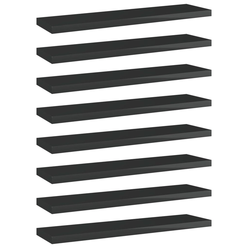 Bookshelf Boards 8 pcs Engineered Wood, High Gloss Black, (8 Shelves) 0.59" H x 15.75" W x 3.94" D