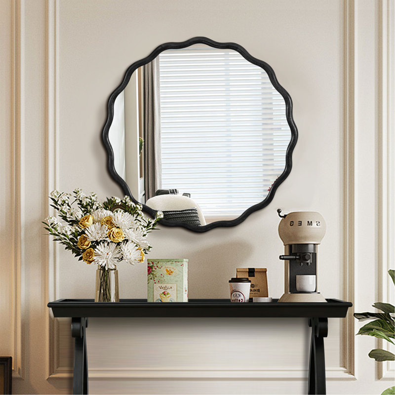 Décoration murale miroir en bois massif ondulé de 31 po x 31 po pour salle de bain, chambre à coucher, salon, salle à manger, vestiaire, vestibule