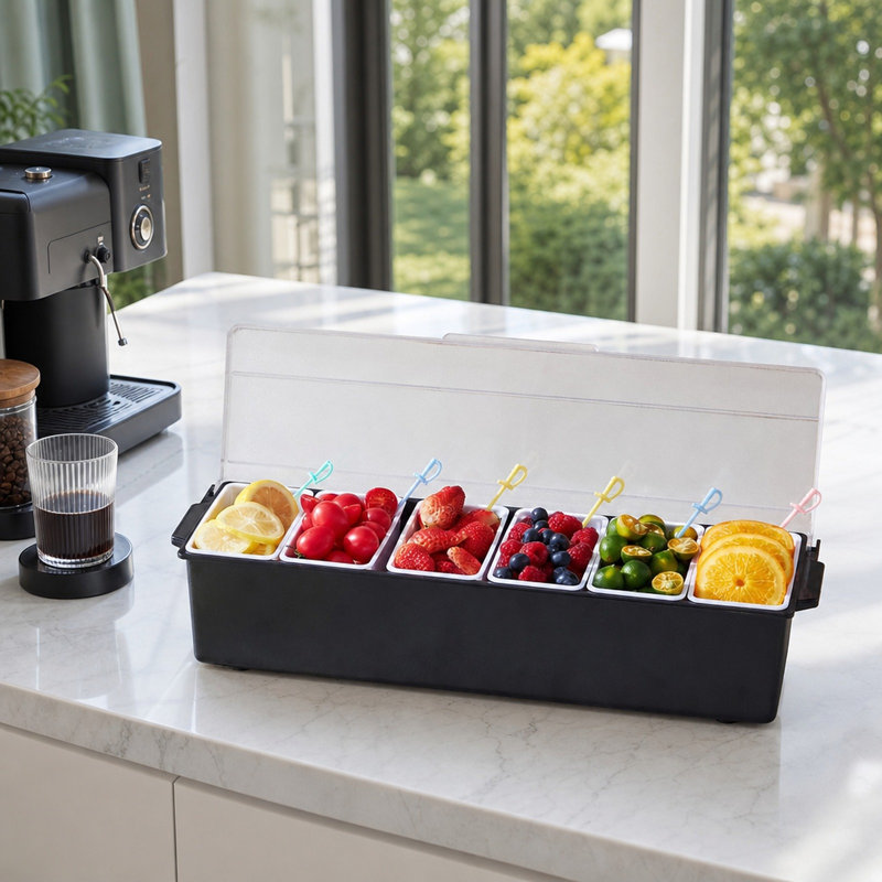 6 Compartment Chilled Condiment Server, Ice Cooled Garnish Tray Bar Caddy with Lid and Detachable Inserts, BPA Free, 19.9 x 6.5 Inch