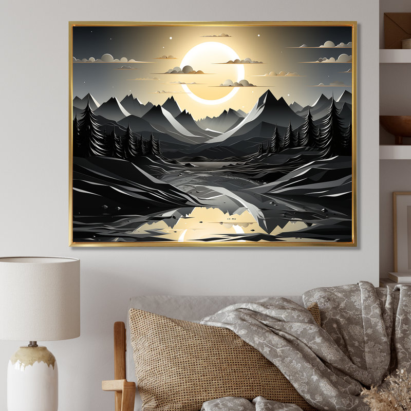 Silhouette de lune, sommet de montagne, paysage - montagnes, art mural, Cadre flottant doré, H 16 po x l 32 po x P 1 po