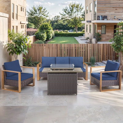 Lisieux 4-Pieces Wicker Sofa Seating Group With Fire Pit Table Conversation Set