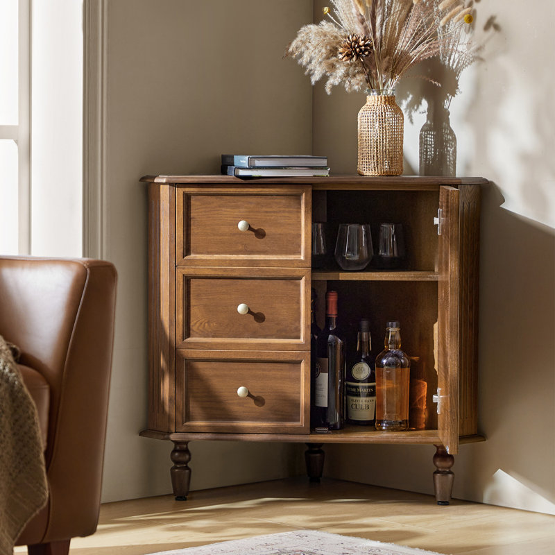 Geordon Transitional 32.25"W 2-Door Corner Cabinet with Spindle Legs, Walnut