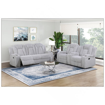 Light Gray Ultra Comfort Sofa 2pc Set Reclining Sofa Loveseat Storage Console Cup Holders Premium Corduroy Living Room Furniture