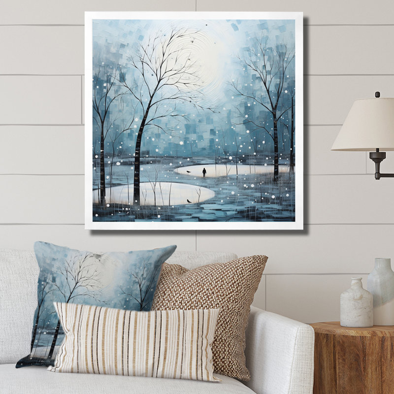 Bleu et blanc - pointillisme hivernal scandinave moderne VI - impression, Cadre simple blanc, H 30 po x l 30 po x P 1 po