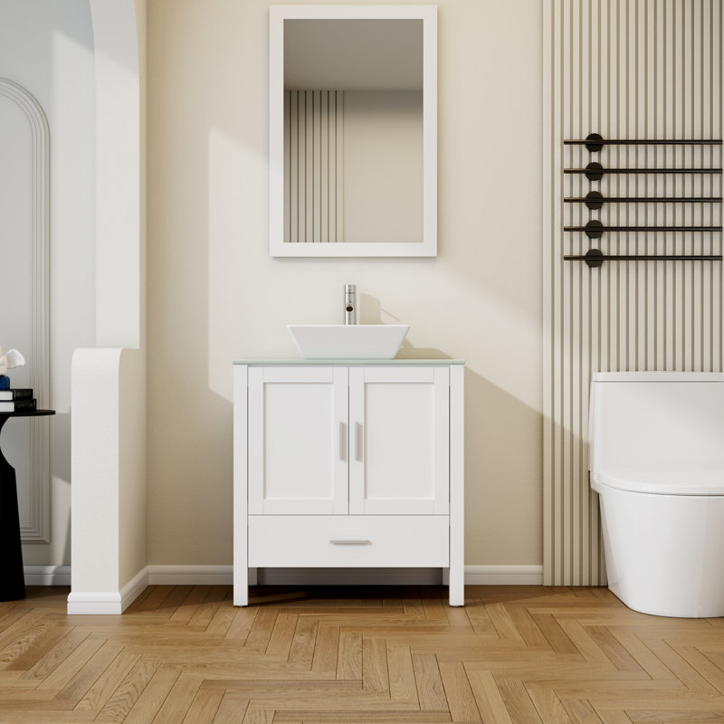 Mitman 30'' Single Bathroom Vanity with Tempered Glass Top, White
