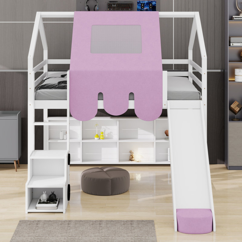 Structure de lit en mezzanine avec tente, Lit double, Blanc / Rose