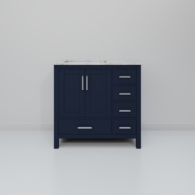 Meuble-lavabo décalé gauche L 36 po x P 22 po Jacques, Marine, Marbre de Carrare blanc