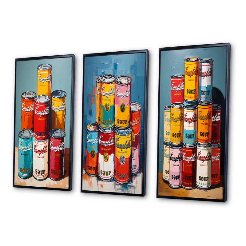 «Pop Art Campbells Soup», 3 pièces sur toile, Cadre flottant noir, H 32 po x l 48 po