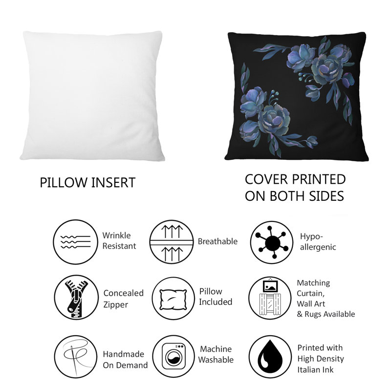 Bouquet de fleurs grises et bleues, feuilles sur fond noir - coussin traditionnel imprimé 12 po x 20 po