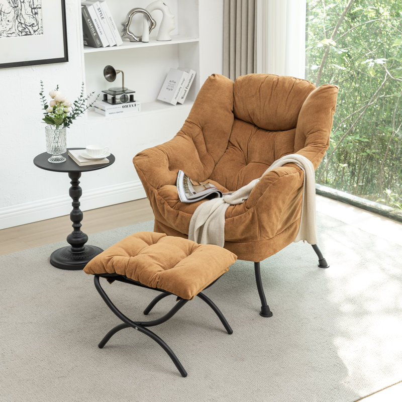 Upholstered Lazy Chair with Ottoman,Modern Comfy Lounge Sofa Chair with Armrest and a Side Pocket, Camel Fabric