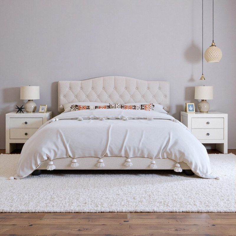 King Size Beige Linen Upholstered Platform Bed with Adjustable Saddle Curved Headboard & Diamond Tufting, No Box Spring Required