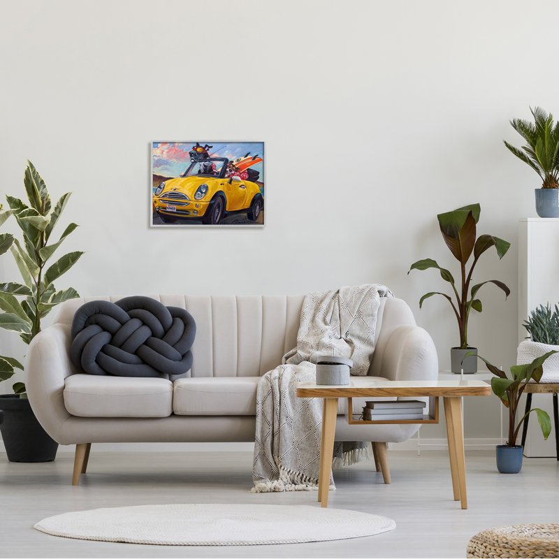 Voiture de plage convertible jaune avec chiens de compagnie par CR Townsend - Peinture, H 16 po x l 20 po x P 1,5 po
