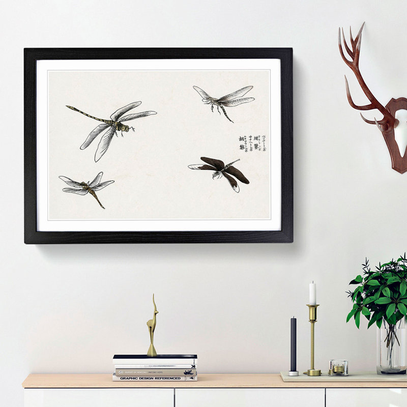Four Dragonflies by Morimoto Toko - Picture Frame Painting Print, 48cm H x 65cm W x 2cm D, Black Framed