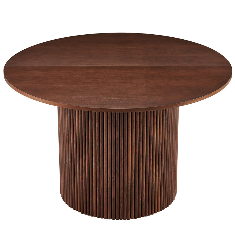 Walnut Wood Veneer Tabletop 47 Inch Round Dining Table For 4, Modern Farmhouse Kitchen Table, 47 Inch Round Dining Tables With Wood Strip Base
